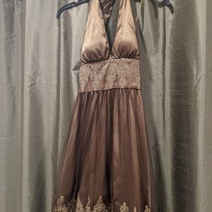 Beaded gold dress with halter neckline